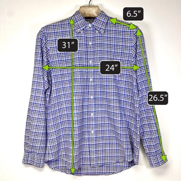 Ralph Lauren Mens Large Navy Blue White Plaid Shirt Long Sleeve Flesh Pony Logo